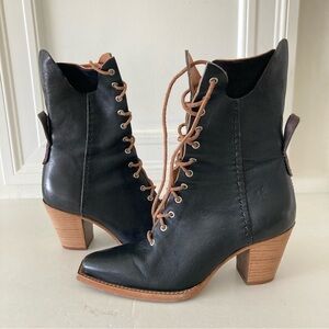 We The Free Canyon Lace Up Black Leather Heeled Boots Sz 37